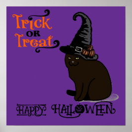 Halloween Cute Funny Whimsical Witch Cat Purple ポスター