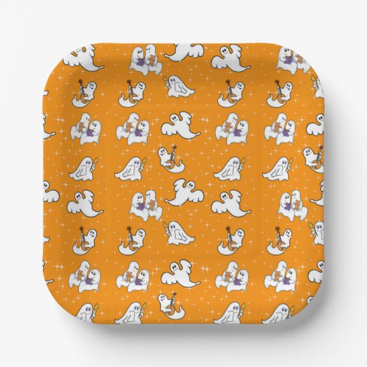 Halloween cute ghosts on orange background  ペーパープレート (正面)