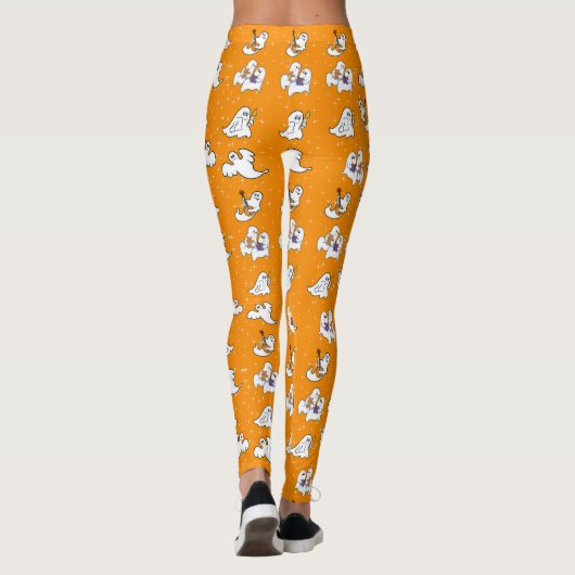 Halloween cute ghosts on orange background  レギンス (裏面)