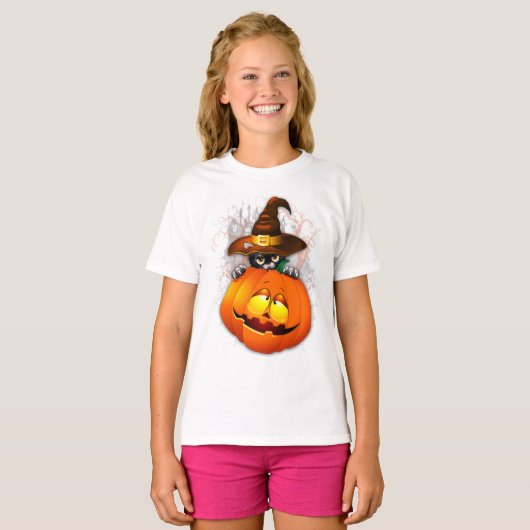 Halloween Cute Kitty Witch and Pumpkin Friend  Tシャツ (正面フル)