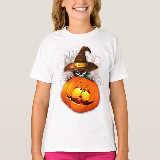Halloween Cute Kitty Witch and Pumpkin Friend  Tシャツ (正面)
