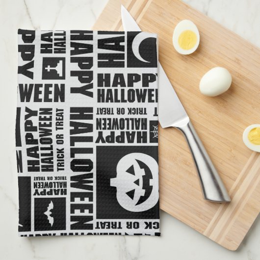 Halloween Cute Spooky Whimsical Black Pattern キッチンタオル (四つ折り)