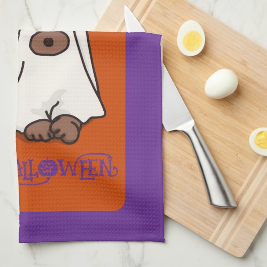 Halloween Cute Whimsical Ghost Dog  キッチンタオル (四つ折り)