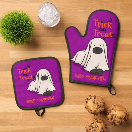 Halloween Cute Whimsical Ghost Dog Purple  鍋つかみ&鍋敷きセット (トップダウン)