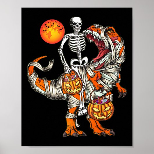 Halloween Dinosaur Skeleton T Rex Scary Pumpkin Mo ポスター (正面)