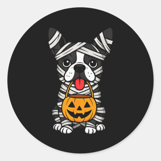 Halloween Dog Boston Terrier Mummy Costume Men Wom ラウンドシール (正面)