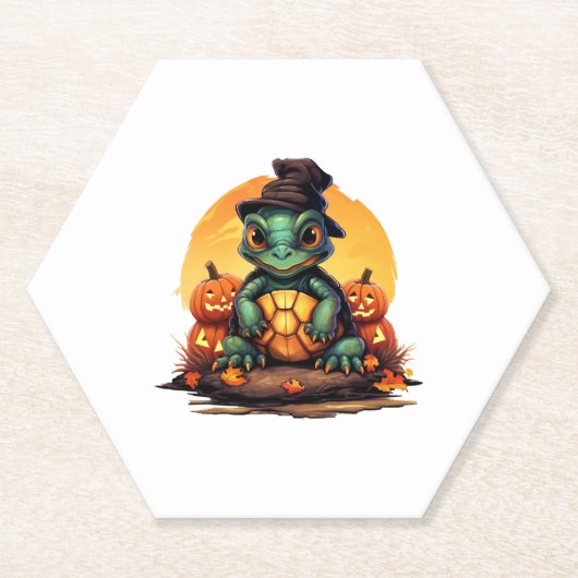 Halloween Enchantment Turtle with Hat in Autumn ペーパーコースター (正面)