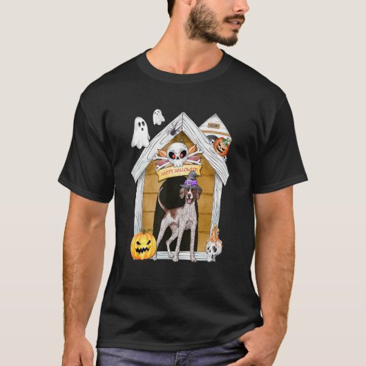 Halloween English Pointer Dog Witch Haunted House Tシャツ (正面)