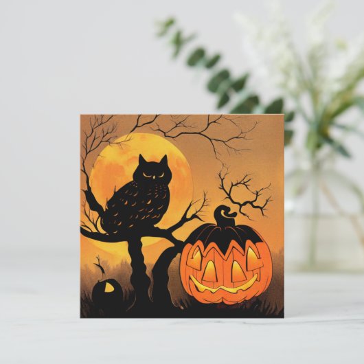Halloween. Eule im Baum mit Kürbis. Mond. カード (スタンド正面)