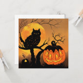 Halloween. Eule im Baum mit Kürbis. Mond. カード (正面/裏面インサイチュ)