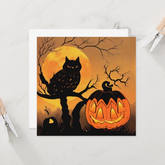 Halloween. Eule im Baum mit Kürbis. Mond. カード (正面/裏面インサイチュ)