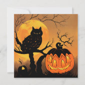 Halloween. Eule im Baum mit Kürbis. Mond. カード (正面)
