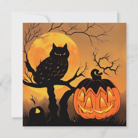 Halloween. Eule im Baum mit Kürbis. Mond. カード (正面)