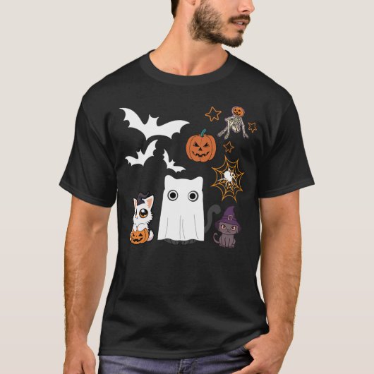 halloween for Cat Cute Kitten Skeleton Ghost Funny Tシャツ (正面)