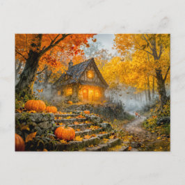 Halloween Forest Cottage with Pumpkins, Stone Path ポストカード
