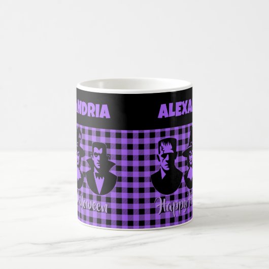 Halloween Frankenstein Witch Vampire Purple Plaid コーヒーマグカップ (中央)