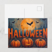Halloween Full Moon Pumpkins and Bats シーズンポストカード (正面/裏面)
