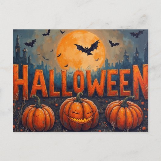 Halloween Full Moon Pumpkins and Bats シーズンポストカード (正面)