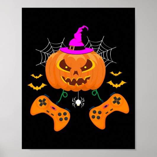 Halloween Funny Pumpkin Jack O Lantern Video Gamer ポスター (正面)