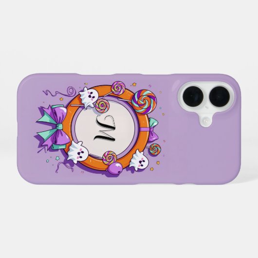 Halloween Ghost and Candy Wreath in Purple iPhone 16ケース (裏面横)