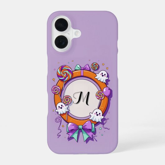 Halloween Ghost and Candy Wreath in Purple iPhone 16ケース (裏面)