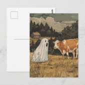 Halloween Ghost and Cow Vintage Farm ポストカード (正面/裏面)