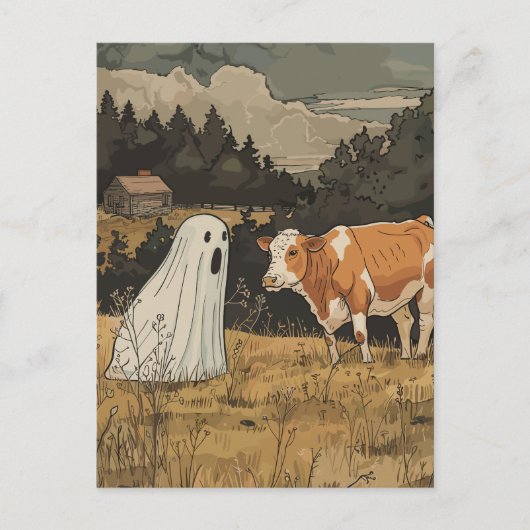 Halloween Ghost and Cow Vintage Farm ポストカード (正面)