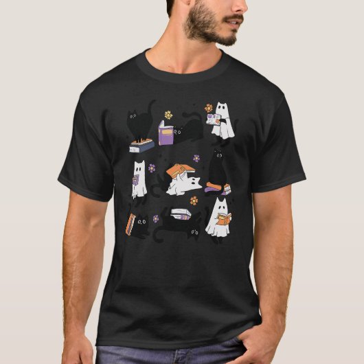Halloween Ghost Black Cat Reading Book Costume Tシャツ (正面)