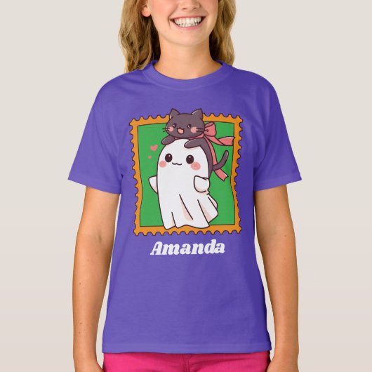 Halloween Ghost Cute Black Cat in Bow Custom Kids Tシャツ (正面)