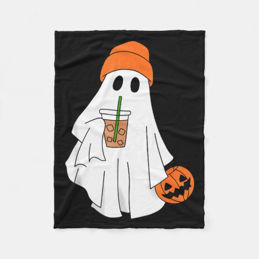 Halloween Ghost Drinking Coffee Ghost Ice Coffee M フリースブランケット (正面)