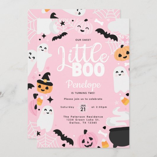 Halloween Ghost Little Boo 2nd Birthday Party 招待状 (正面/裏面)