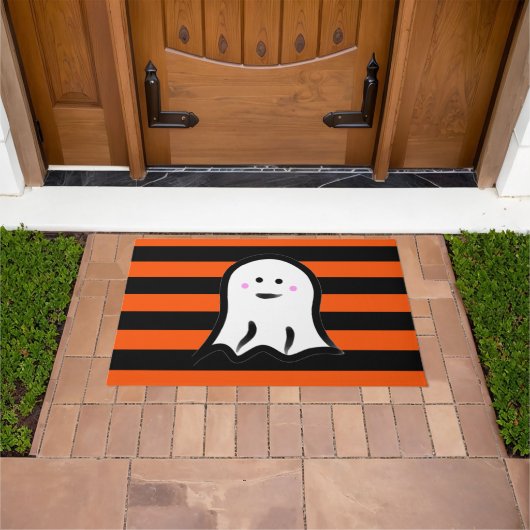 Halloween Ghost on Black and Orange Stripes  ドアマット (室外)