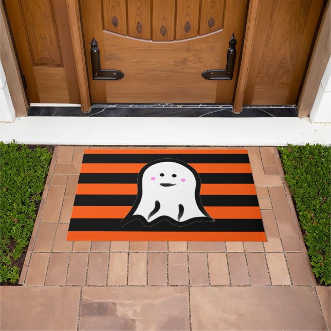 Halloween Ghost on Black and Orange Stripes  ドアマット (室外)