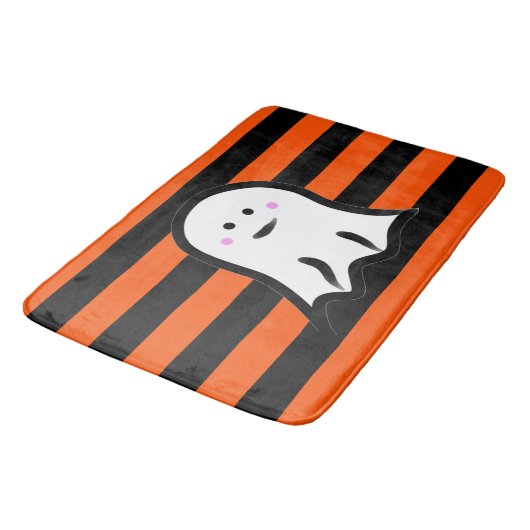 Halloween Ghost on Black and Orange Stripes バスマット (アングル)