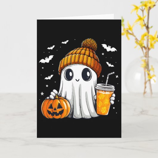 Halloween Ghost Pumpkin Spice Latte Autumn Fall Co カード (黄色い花)