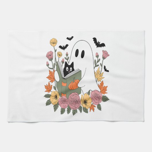 Halloween Ghost Reading Book Cat キッチンタオル (横)