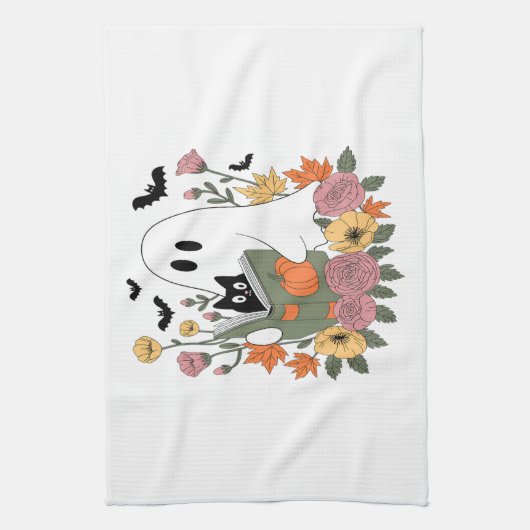 Halloween Ghost Reading Book Cat キッチンタオル (縦)