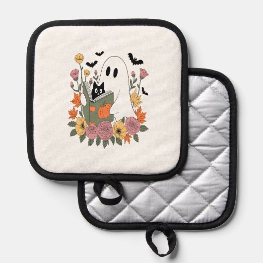 Halloween Ghost Reading Book Cat 鍋敷き (正面/裏面)