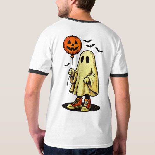 Halloween Ghost with Pumpkin Balloon Tシャツ (裏面フル)