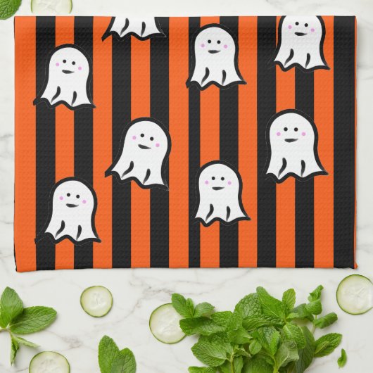 Halloween Ghosts and Stripes キッチンタオル (折り畳み)