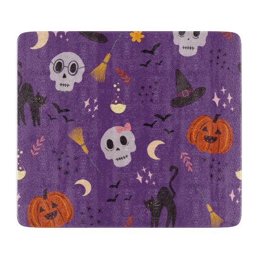 Halloween Glass Cutting Board – Skulls, Pumpkins カッティングボード (正面)