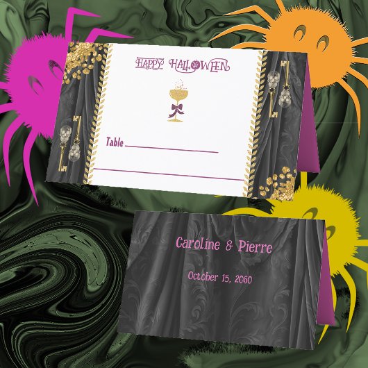 Halloween Gold Glitter Skulls & Champagne  プレイスカード