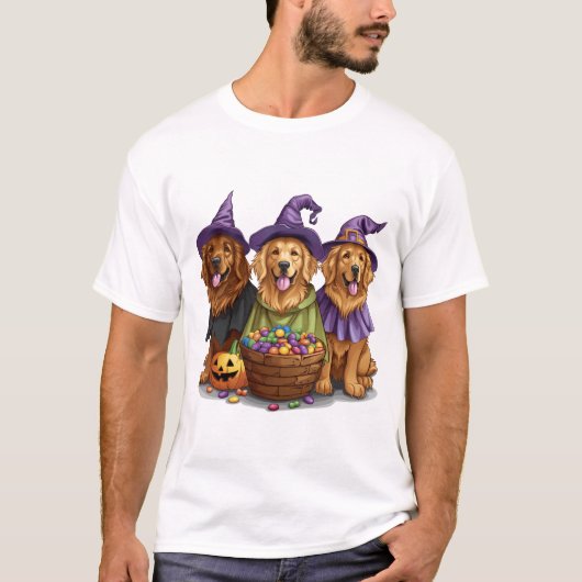 Halloween Golden Retriever Witch Dogs Tシャツ (正面)