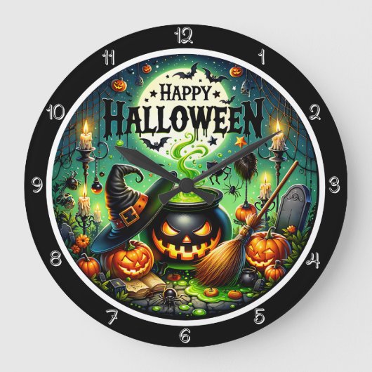 Halloween Green Cauldron ラージ壁時計 (正面)