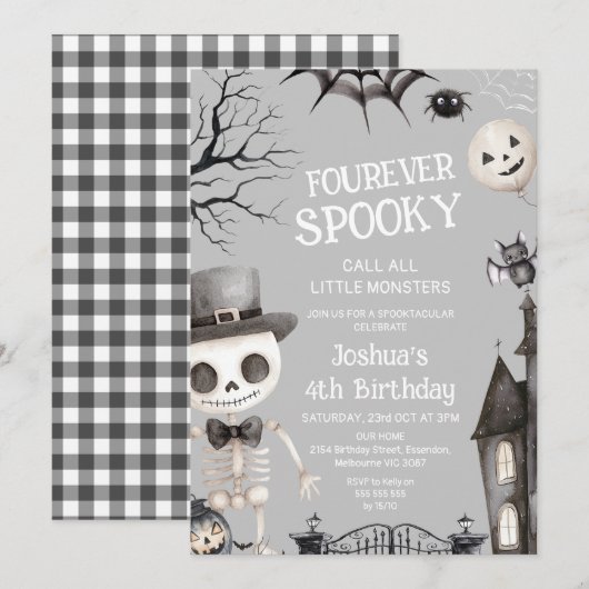 Halloween Grey Boys Fourever Spooky 4th Birthday 招待状 (正面/裏面)