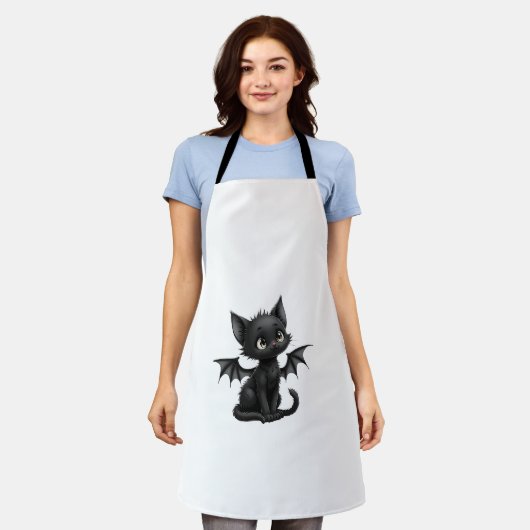 Halloween Grumpy Black Kitten In Bat Costume エプロン (着用した状態)