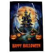 Halloween Haunted House with Pumpkins ミディアムペーパーバッグ (正面)