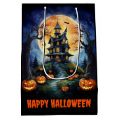 Halloween Haunted House with Pumpkins ミディアムペーパーバッグ (裏面)
