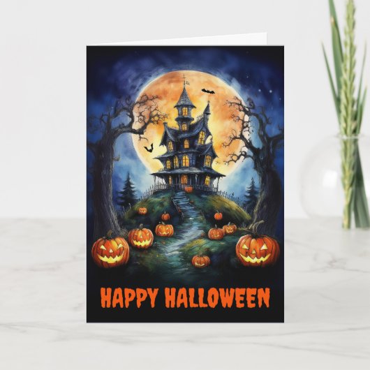 Halloween Haunted House with Pumpkins Folded カード (正面)