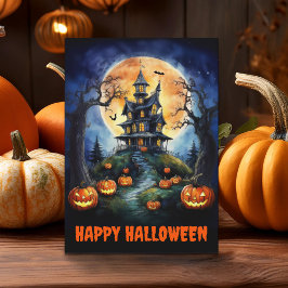 Halloween Haunted House with Pumpkins Folded カード